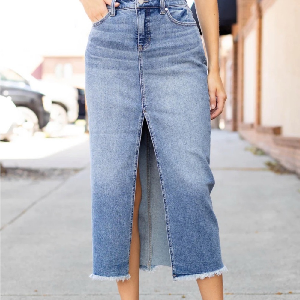 Liverpool Blue Pencil Midi Skirt with Slit